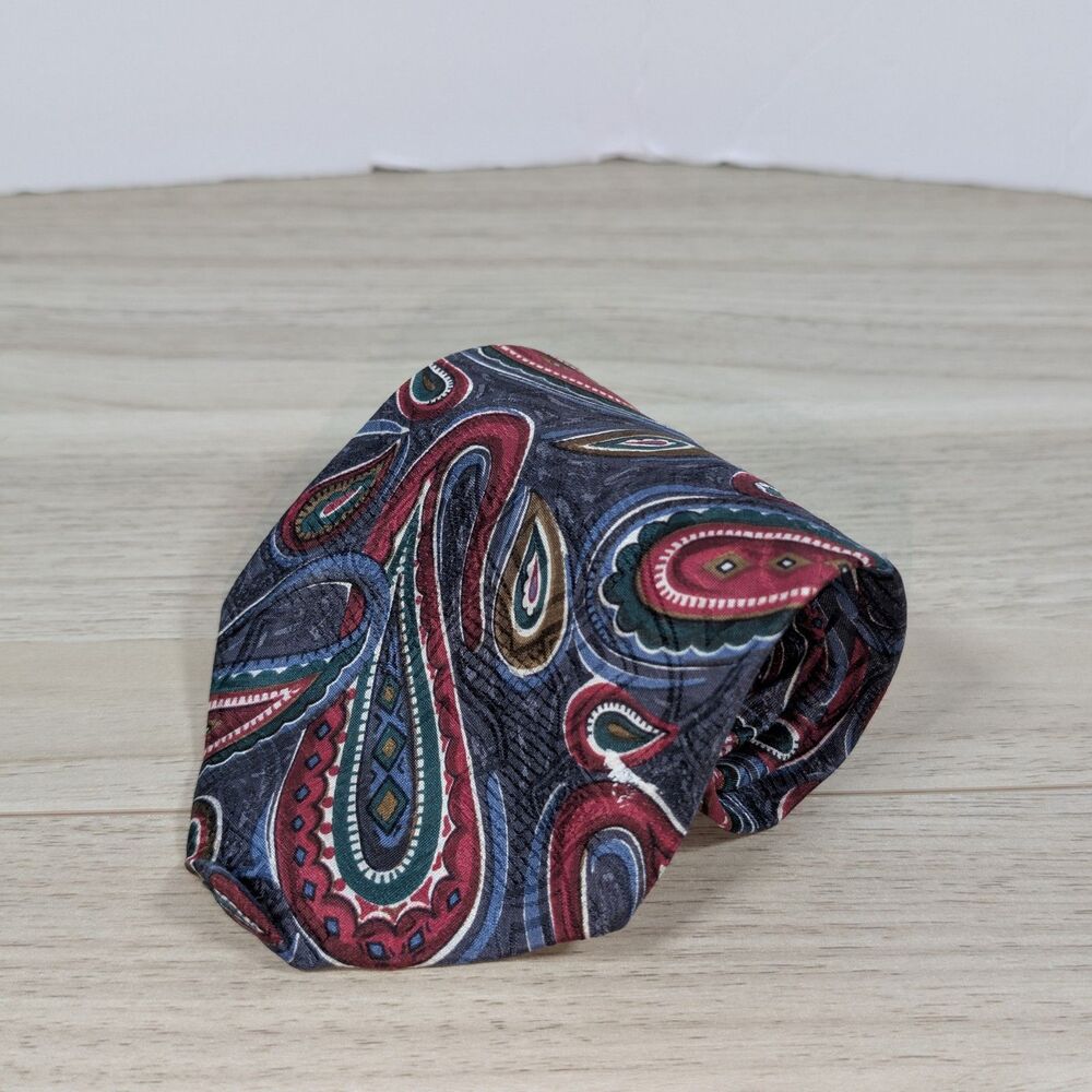 Status Silk Tie Paisley Gray Red Blue Made in Italy Classic Mens